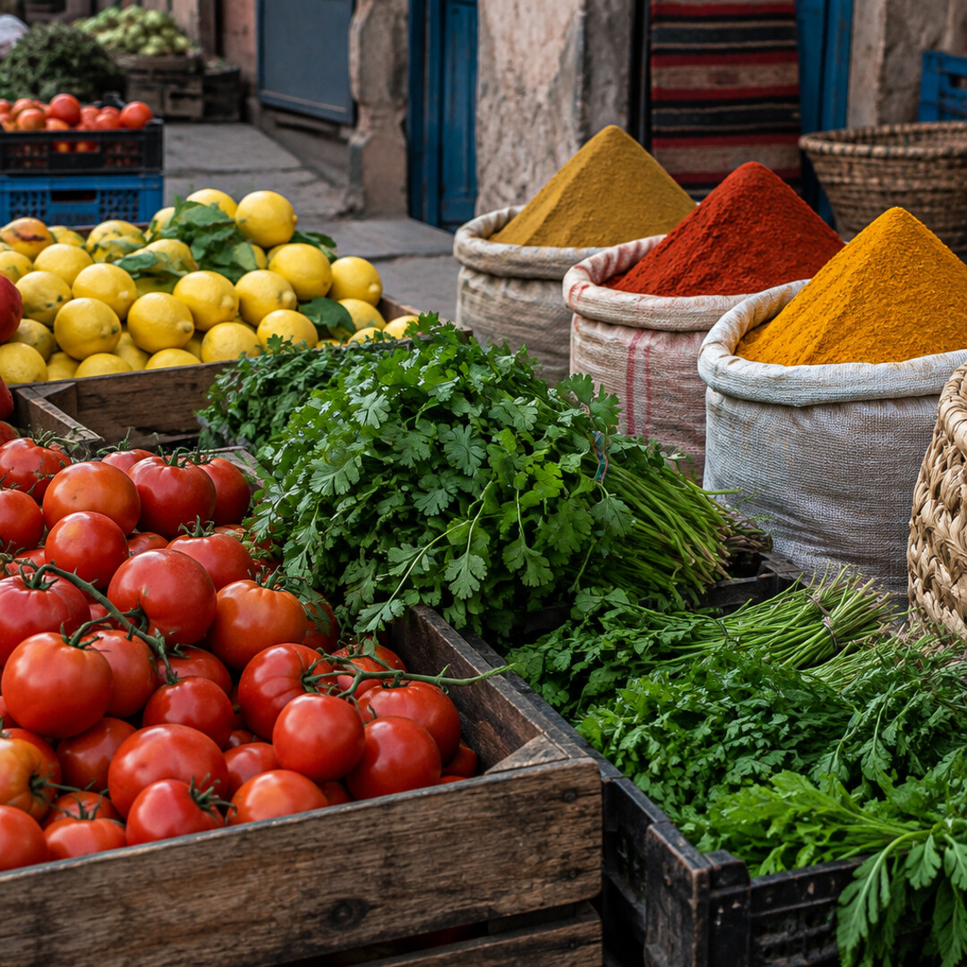 Cagettes de légumes et épices sur un étal de marché au petit matin